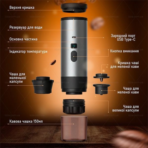 Портативна кавомашина 3 в 1 на акумуляторі з індикатором температури для меленої та капсульної кави Сіра 519-1 фото