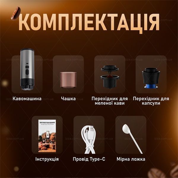 Портативна кавомашина 3 в 1 на акумуляторі з індикатором температури для меленої та капсульної кави Сіра 519-1 фото